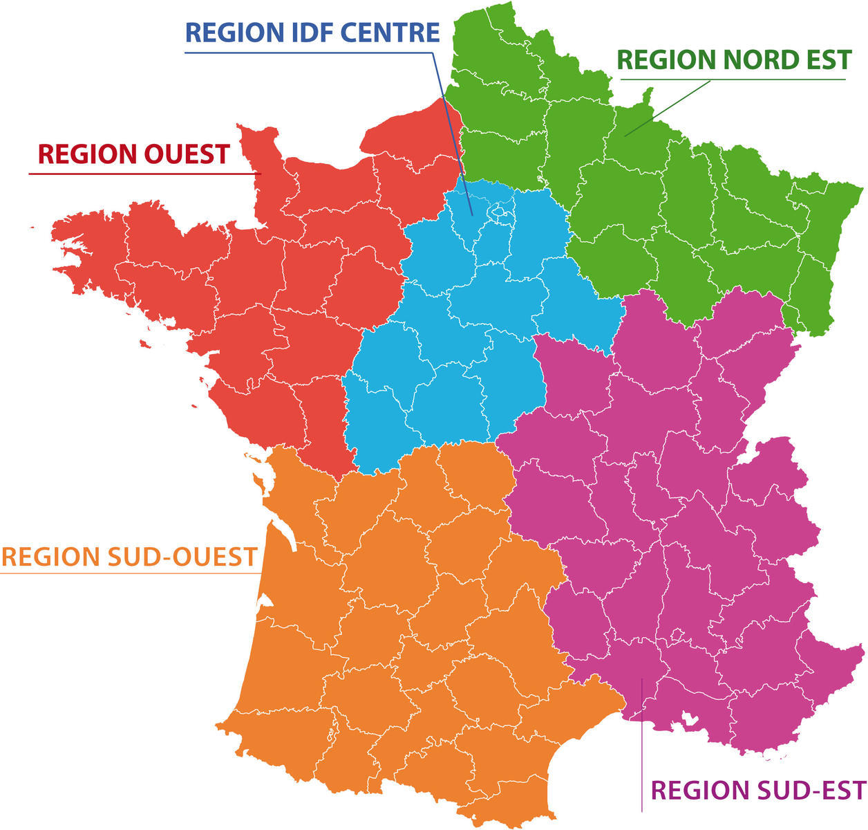 SEDE est organisée en 5 régions : Nord-Est, IDF, Ouest, Sud-Ouest et Sud-Est